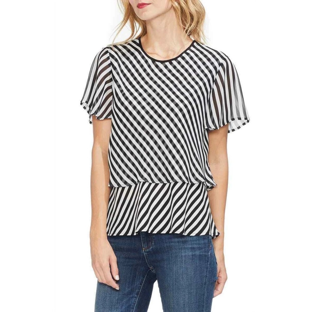 Vince Camuto‎ Blouse Women XS Black White Striped Preppy Retro Coastal Festival